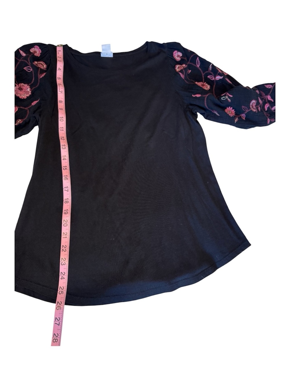 Chico's Black Knit Top with Floral Embroidered Balloon Sleeves Size Medium - Picture 7 of 11